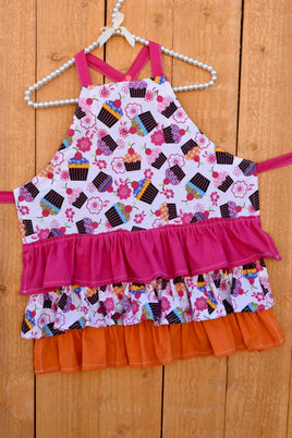 Cupcake Apron with Pink and Orange Ruffles - Adult