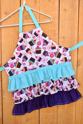 Cupcake Apron with Purple and Turqouis Ruffles - Adult