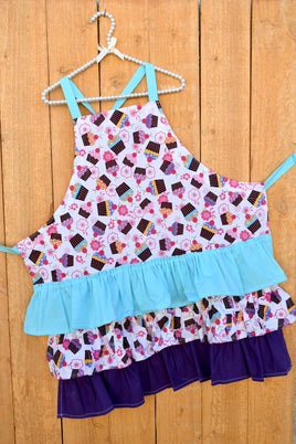 Cupcake Apron with Purple and Turqouis Ruffles - Childrens sizes