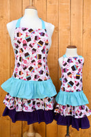 
              Cupcake Apron with Purple and Turqouis Ruffles - Childrens sizes
            