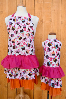 Cupcake Apron with Orange and Pink Ruffles- Childrens sizes